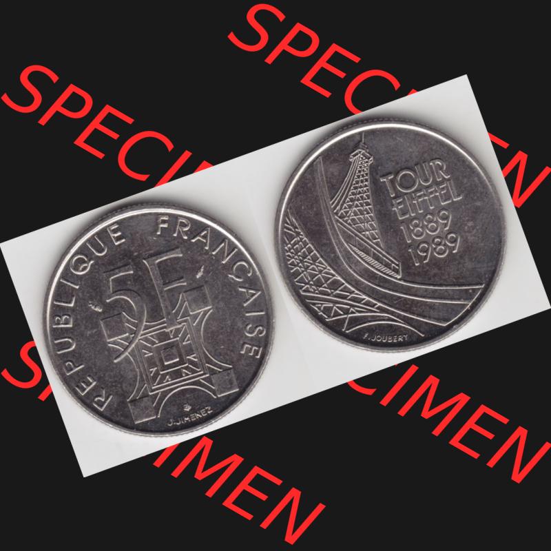 Münze Frankreich 1989-1989, 5 Francs Franken Eiffelturm. Vorderseite und Rückseite horizontal auf einen digitalen Bild der alten französischen Umlaufmünze aus Frankreich... Sammlung