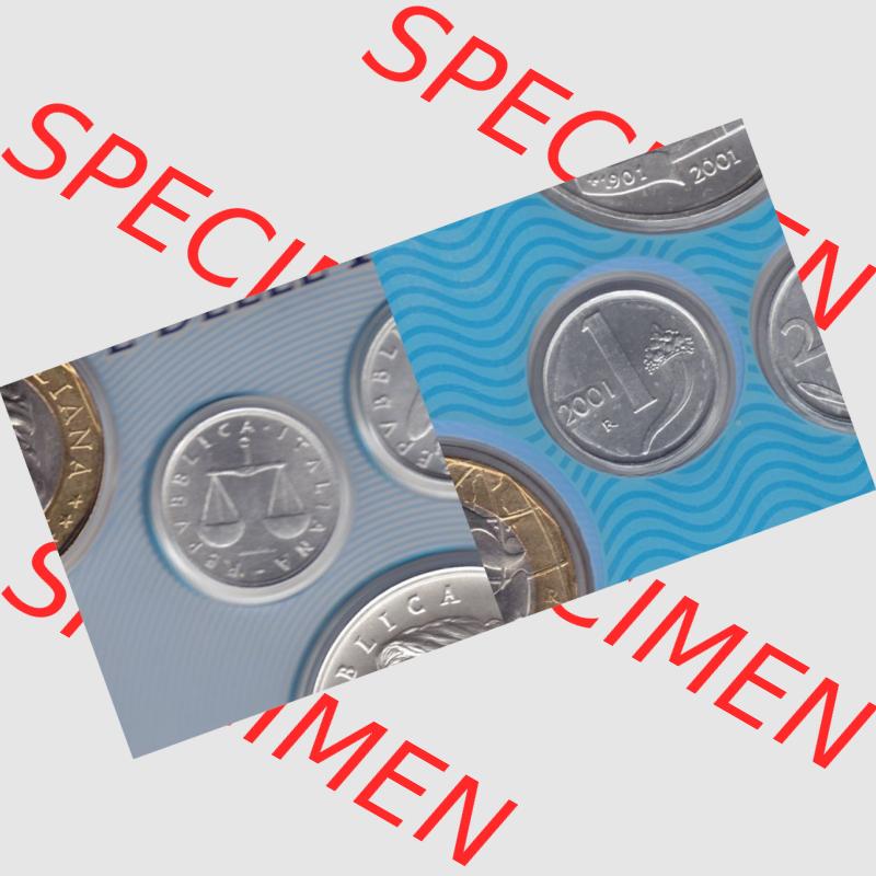 Münzen Italien Umlaufmünze 1951-2001, 1 Lira-Lire Münze mit Waage 2001. Vorderseite und Rückseite horizontal auf einen digitalen Bild der alten italienischen Münze... Sammlung