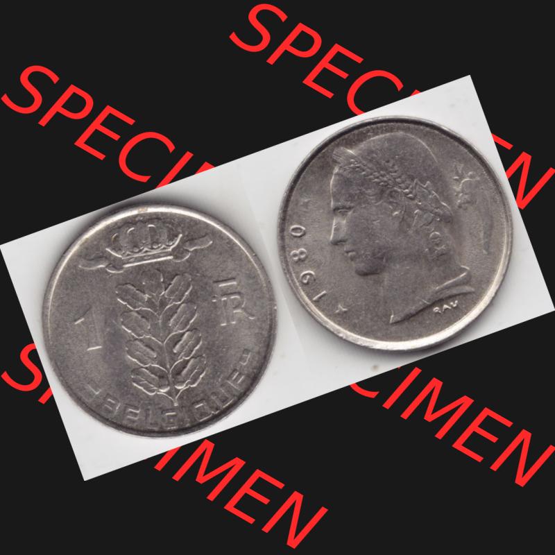 Münzen Belgien Umlaufmünze 1950-1988, 1 Franc 1980 Belgique. Vorderseite und Rückseite horizontal auf einen digitalen Bild der alten belgischen Francs Umlaufmünze aus Belgien... Sammlung