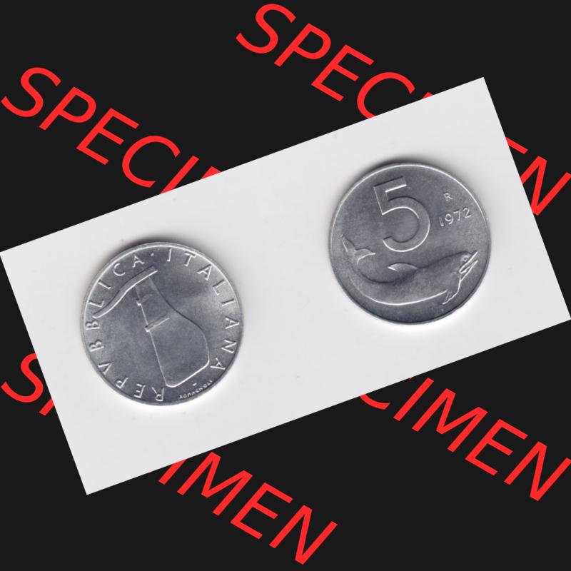 Münzen Italien Umlaufmünze 1951-2001, 5 Lira-Lire Schiffs-Ruder 1972. Vorderseite und Rückseite horizontal auf einen digitalen Bild der alten italienischen Münze aus Italien... Sammlung