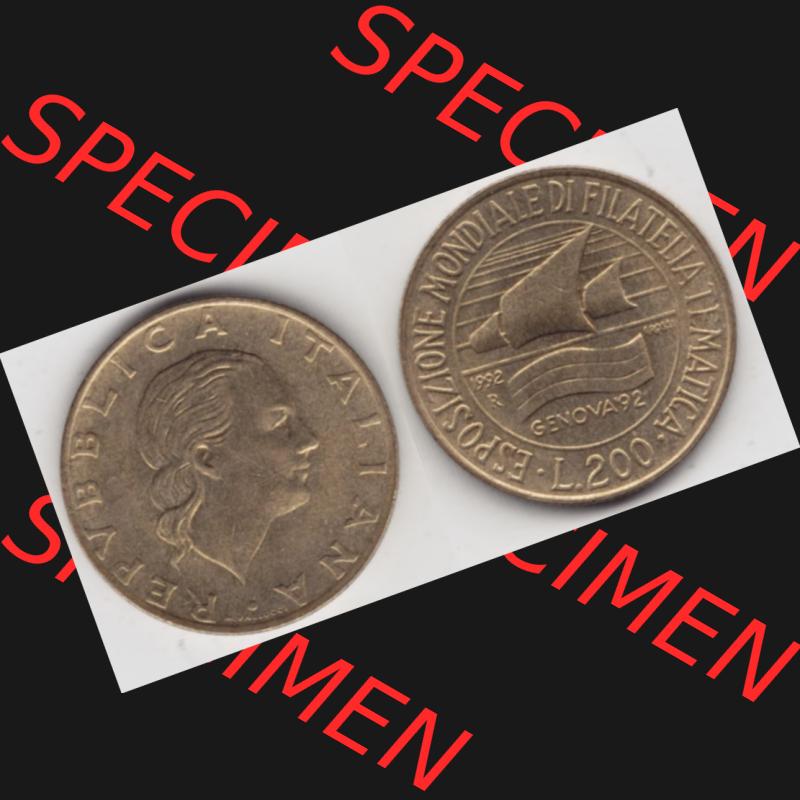 Münzen Italien Gedenkmünze 1992-1992, 200 Lire Briefmarkenausstellung in Genua, Bild mit Vollansicht zum Download Sammlung
