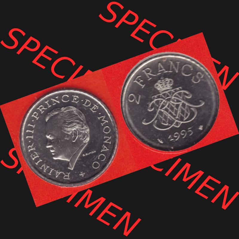 Münzen Monaco Umlaufmünze 1995-1995, 2 Francs 1995. Vorderseite und Rückseite horizontal nebeneinander auf einen digitalen Bild zum herunterladen, einer alten Umlaufmünze... Sammlung