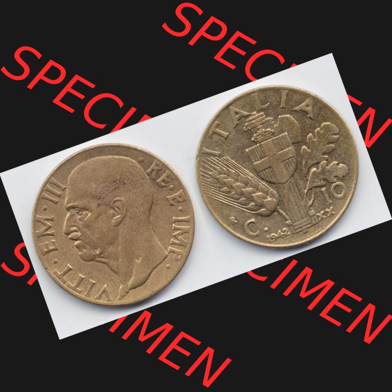 Münzen Italien Umlaufmünze 1939-1943, 10 Centesimi 1942. Vorderseite und Rückseite horizontal auf einen digitalen Bild der alten italienischen Münze aus Italien in der... Sammlung