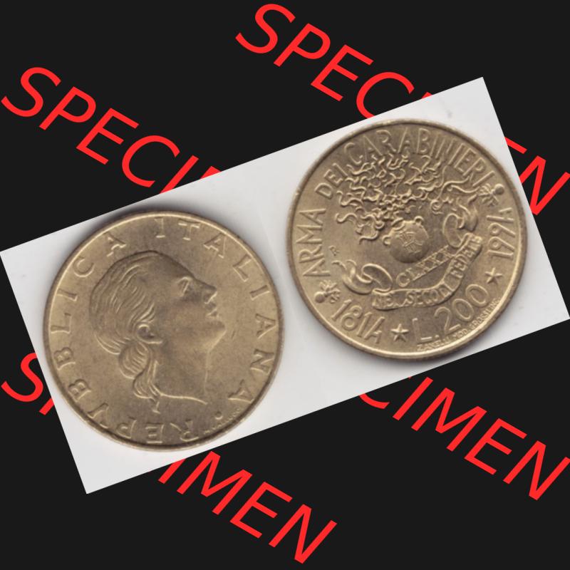 Münzen Italien Gedenkmünze 1994-1994, 200 Lire 180 Jahre Carabinieri. Vorderseite und Rückseite horizontal auf einen digitalen Bild der alten italienischen Münze aus Italien... Sammlung