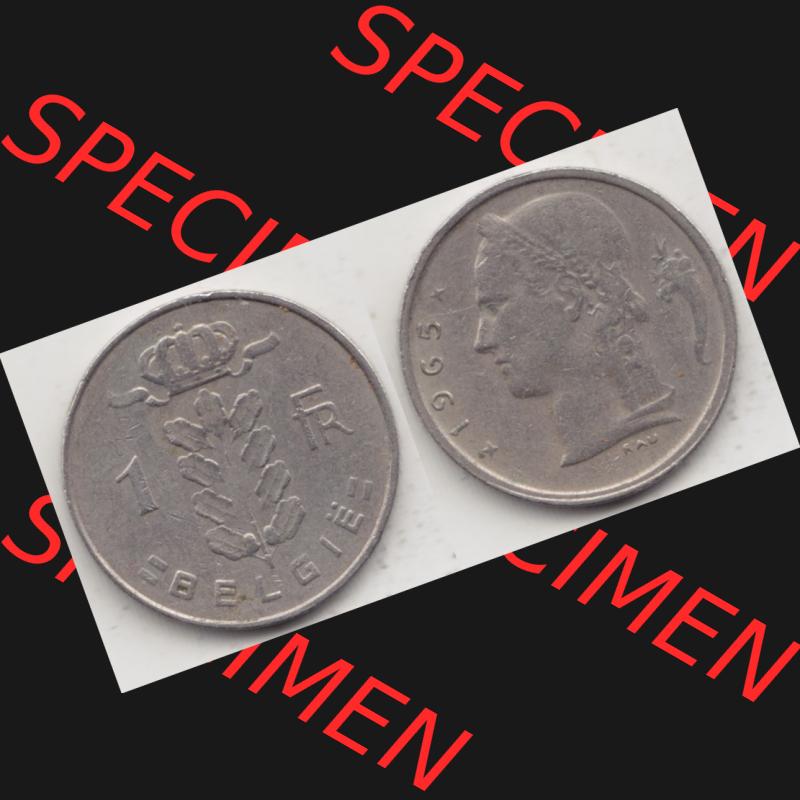 Münzen Belgien Umlaufmünze 1950-1988, 1 Francs-Franken 1965 Belgie. Vorderseite und Rückseite horizontal auf einen digitalen Bild der alten belgischen Francs Umlaufmünze... Sammlung