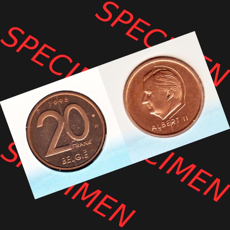 Münzen Belgien Umlaufmünze 1998, 20 Frank. Vorderseite und Rückseite horizontal auf einen digitalen Bild der alten belgischen Francs Umlaufmünze aus Belgien vor Einführung... Sammlung