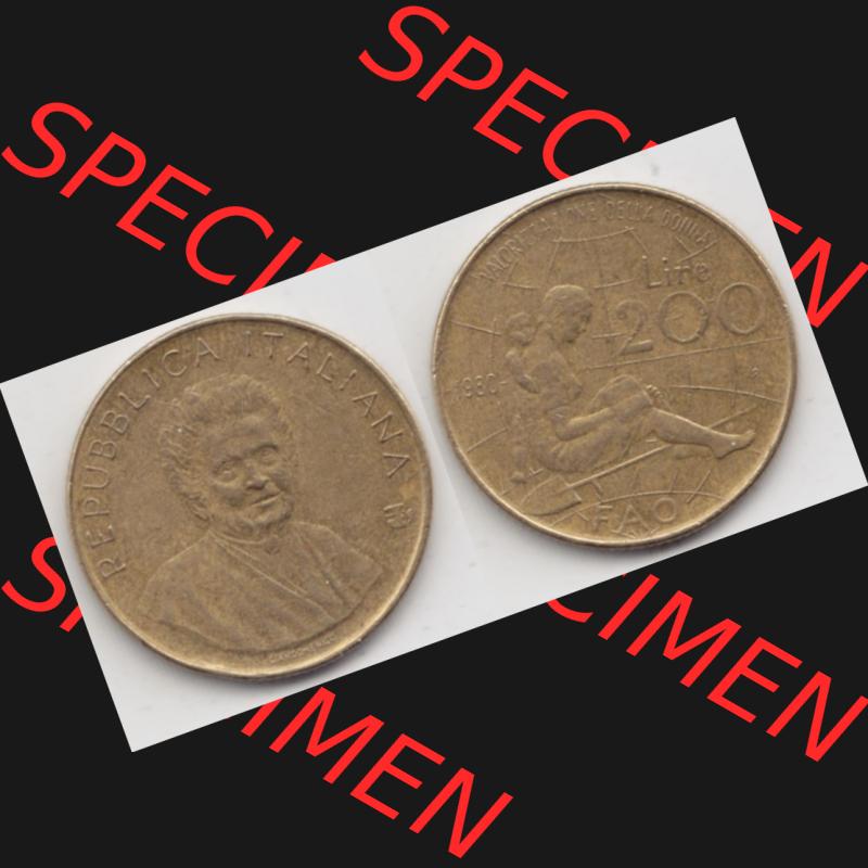 Münzen Italien Gedenkmünze 1980-1980, 200 Lire FAO - Internationales Jahr der Frau. Vorderseite und Rückseite horizontal auf einen digitalen Bild der alten italienischen Münze... Sammlung
