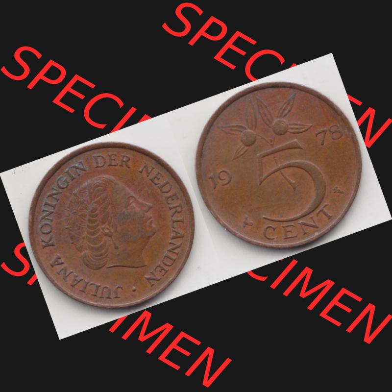 Münzen Niederlande Umlaufmünze 1950-1980, 5 Cent 1978, Bild mit horizontaler Vollansicht als Bildmaterial Sammlung