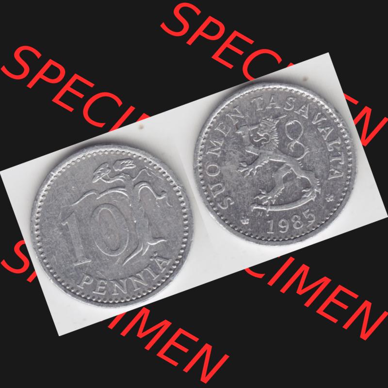 Münzen Finnland Umlaufmünze 1983-1990, 10 Penniä 1985. Vorderseite und Rückseite horizontal auf einen digitalen Bild der alten finnischen Umlaufmünze aus Finnland... Sammlung