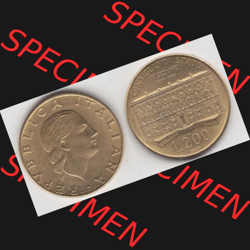 Münzen Italien Gedenkmünze 1990-1990, 200 Lire Gründung von Staatsrat. Vorderseite und Rückseite horizontal auf einen digitalen Bild der alten italienischen Münze... Sammlung