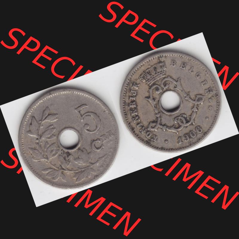 Münzen Belgien Umlaufmünze 1904-1907, 5 Cen, Centimes Koninkrijk Belgie. Vorderseite und Rückseite horizontal auf einen digitalen Bild der alten belgischen Francs Umlaufmünze... Sammlung