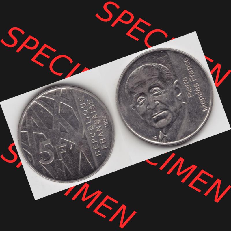 Münze Frankreich 1992-1992, 000500. 5 Francs Franken in Nickel. Vorderseite und Rückseite horizontal auf einen digitalen Bild der alten französischen Umlaufmünze... Sammlung