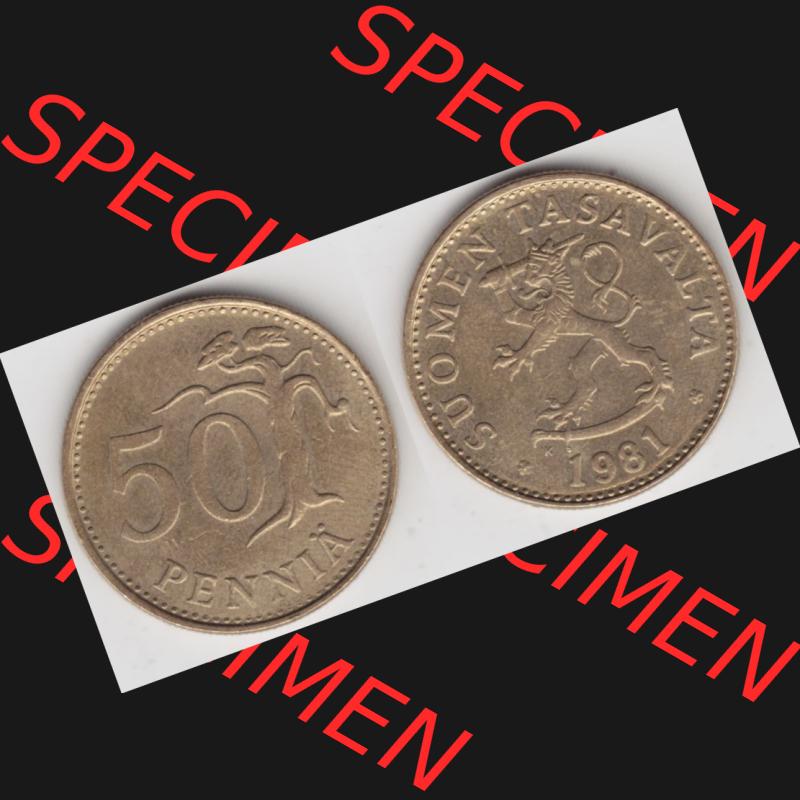 Münzen Finnland Umlaufmünze 1963-1990, 50 Penniä, 1981. Vorderseite und Rückseite horizontal auf einen digitalen Bild der alten finnischen Umlaufmünze aus Finnland... Sammlung