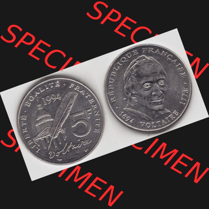 Münze Frankreich 1994-1994, 5 Francs Liberte Egalite Fraternite. Vorderseite und Rückseite horizontal auf einen digitalen Bild der alten französischen Umlaufmünze aus Frankreich... Sammlung