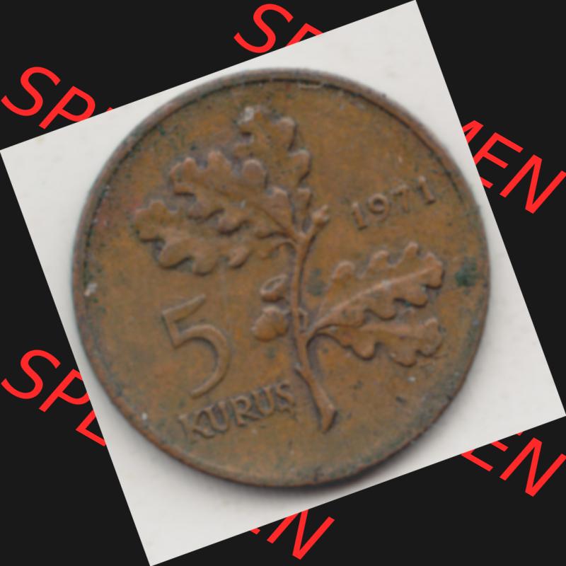 Münzen Türkei Umlaufmünze 1969-1973, 5 Kurus 1971. Rückseite der Münze der Türkei als Bildmaterial für Sammler und Münzen-Webseiten hier im online Katalog... Sammlung