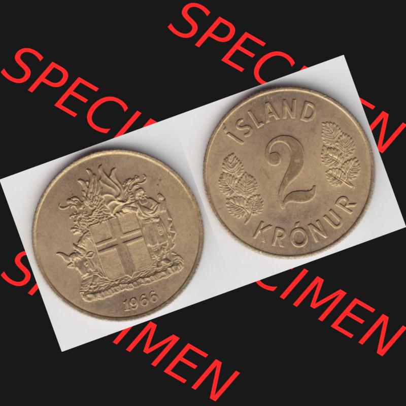 Münzen Island Umlaufmünze 1958-1966, 2 KR Kronur, Kronen 1966. Vorderseite und Rückseite horizontal auf einen digitalen Bild der alten Isländischen Umlaufmünze... Sammlung