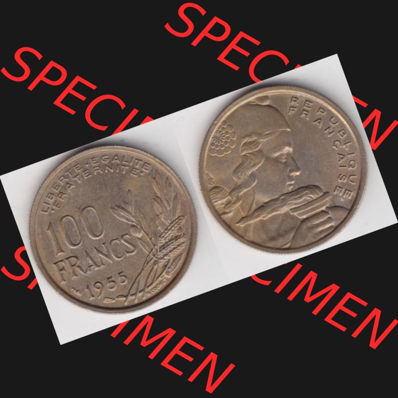 Münze Frankreich 1954-1958, 100 Francs, Franken Typ II. 1955. Vorderseite und Rückseite horizontal auf einen digitalen Bild der alten französischen Umlaufmünze... Sammlung