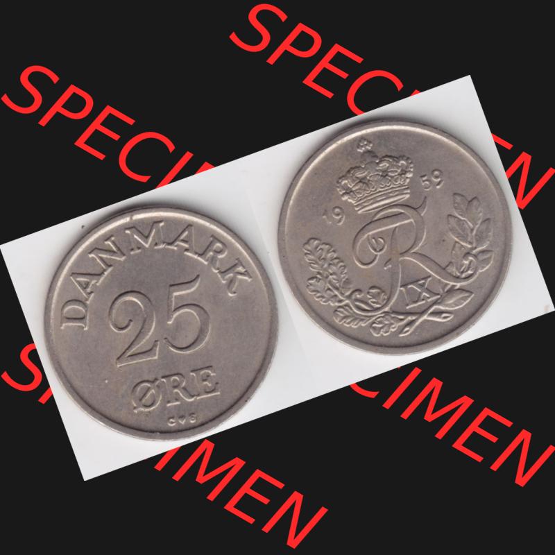 Münzen Dänemark Umlaufmünze 1959, 25 Öre. Vorderseite und Rückseite horizontal auf einen digitalen Bild der alten dänischen Umlaufmünze aus Dänemark... Sammlung