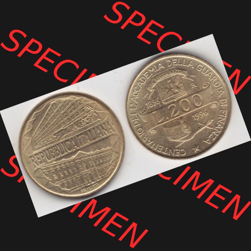 Münzen Italien Gedenkmünze 1996-1996, 200 Lire Zollakademie. Vorderseite und Rückseite horizontal auf einen digitalen Bild der alten italienischen Münze aus Italien in... Sammlung