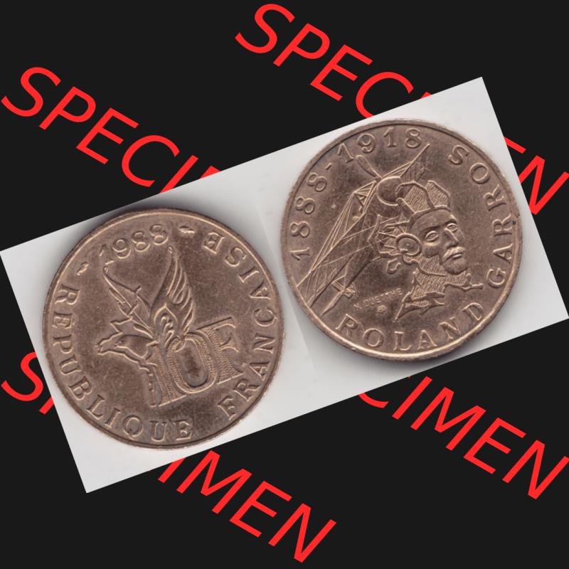 Münze Frankreich 1988-1988, 10 Francs Roland Garros. Vorderseite und Rückseite horizontal auf einen digitalen Bild der alten französischen Umlaufmünze aus Frankreich in... Sammlung