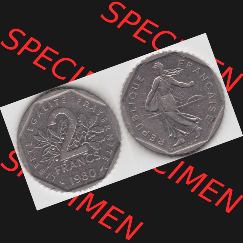 Münze Frankreich 1979-2001, 2 Francs 1980 Säerin Semeuse. Vorderseite und Rückseite horizontal auf einen digitalen Bild der alten französischen Umlaufmünze aus Frankreich... Sammlung