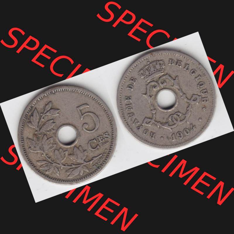 Münzen Belgien Umlaufmünze 1904-1907, 5 Ces, Centimes Koninkrijk Belgie. Vorderseite und Rückseite horizontal auf einen digitalen Bild der alten belgischen Francs Umlaufmünze... Sammlung