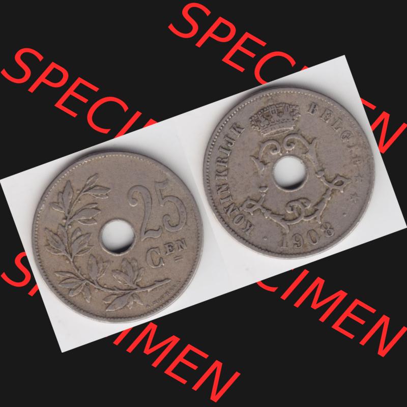Münzen Belgien Umlaufmünze 1908-1909, 25 Cen, Centimes Koninkrijk Belgie. Vorderseite und Rückseite horizontal auf einen digitalen Bild der alten belgischen Francs Umlaufmünze... Sammlung