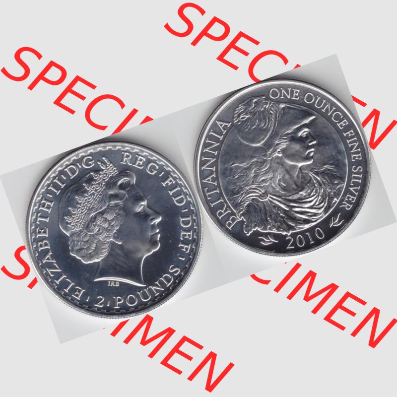 Münzen Großbritannien Silbermünze 2010-2010, 2 Pfund - Pounds Britannia 1 Unze Silber-Münze. Vorderseite und Rückseite horizontal auf einen digitalen Bild der alten... Sammlung
