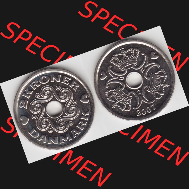 Münzen Dänemark Umlaufmünze 2007, 2 Kroner, Kronen. Vorderseite und Rückseite horizontal auf einen digitalen Bild der alten dänischen Umlaufmünze aus Dänemark... Sammlung