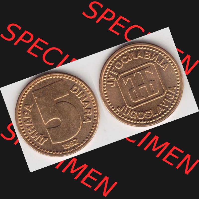Münzen Jugoslawien Umlaufmünze 1992-1992, 5 Dinara, Anhapa, Dinar, Bild mit Vollansicht als Bildmaterial Sammlung