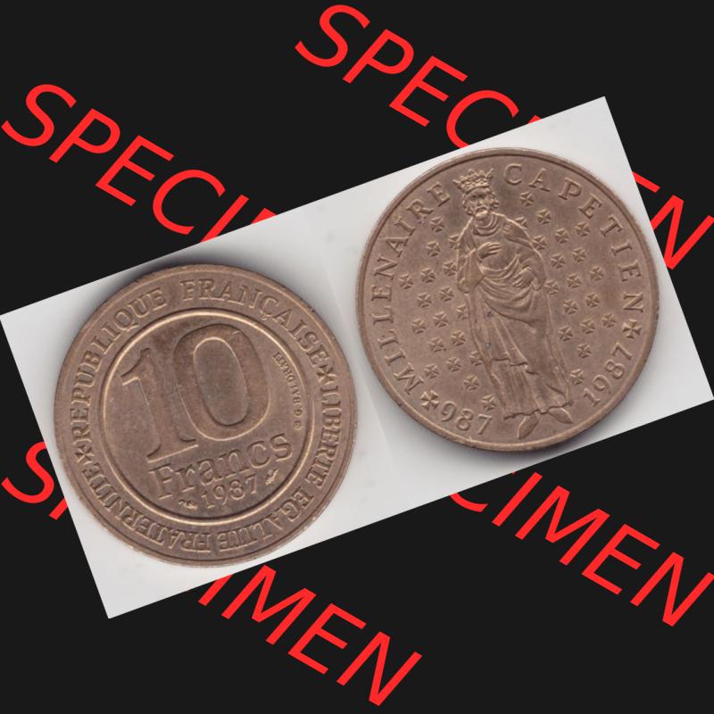 Münze Frankreich 1987-1987, 10 Francs 1000 Jahre König Hugo Capet erster König von Frankreich. Vorderseite und Rückseite horizontal auf einen digitalen Bild der alten französischen... Sammlung