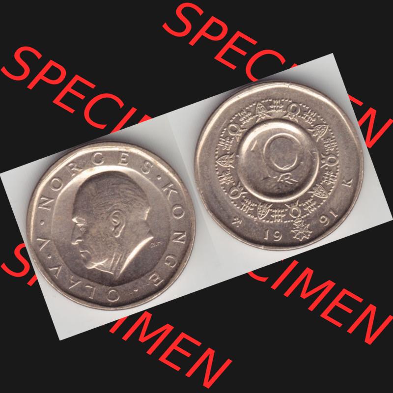 Münzen Norwegen Umlaufmünze 1983-1991, 10 Kronen 1991, Münze aus Norwegen mit Münzseiten Horizontal / Nebeneinander auf einen Bild für Mobile-Geräte als Bildmaterial... Sammlung