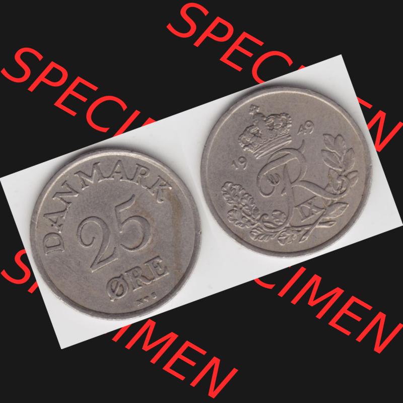 Münzen Dänemark Umlaufmünze 1948-1955, 25 Öre 1949 Kursmünze. Vorderseite und Rückseite horizontal auf einen digitalen Bild der alten dänischen Umlaufmünze... Sammlung