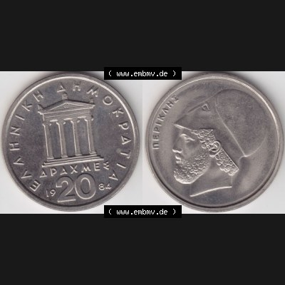 Münzen Griechenland Umlaufmünze 1984, 20 Apaxmee, Drachmen. Vorderseite und Rückseite horizontal auf einen digitalen Bild der alten griechischen Umlaufmünze aus Griechenland... Sammlung
