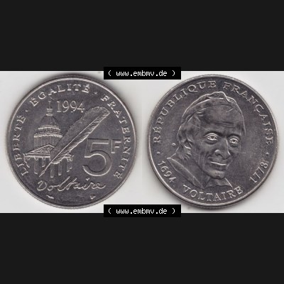 Münze Frankreich 1994-1994, 5 Francs Liberte Egalite Fraternite. Vorderseite und Rückseite horizontal auf einen digitalen Bild der alten französischen Umlaufmünze aus Frankreich... Sammlung