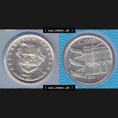 Münzen Italien Gedenkmünze 2001-2001, 1000 Lira-Lire Silbermünze. Vorderseite und Rückseite horizontal auf einen digitalen Bild der alten italienischen Münze aus Italien... Sammlung