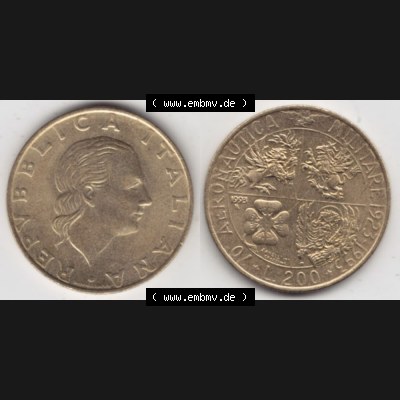 Münzen Italien Gedenkmünze 1993-1993, 200 Lire Militärischen Luftfahrt. Vorderseite und Rückseite horizontal auf einen digitalen Bild der alten italienischen Münze... Sammlung