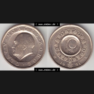 Münzen Norwegen Umlaufmünze 1983-1991, 10 Kronen 1991, Münze aus Norwegen mit Münzseiten Horizontal / Nebeneinander auf einen Bild für Mobile-Geräte als Bildmaterial... Sammlung