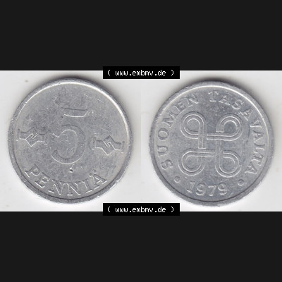 Münzen Finnland Umlaufmünze 1977-1990, 5 Penniä 1979. Vorderseite und Rückseite horizontal auf einen digitalen Bild der alten finnischen Umlaufmünze aus Finnland SUOMI... Sammlung