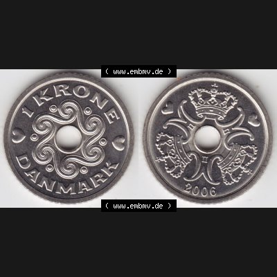 Münzen Dänemark Umlaufmünze 2006, 1 Krone. Vorderseite und Rückseite horizontal auf einen digitalen Bild der alten dänischen Umlaufmünze aus Dänemark zum... Sammlung