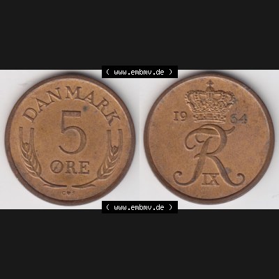 Münzen Dänemark Umlaufmünze 1964, 5 Öre. Vorderseite und Rückseite horizontal auf einen digitalen Bild der alten dänischen Umlaufmünze aus Dänemark... Sammlung