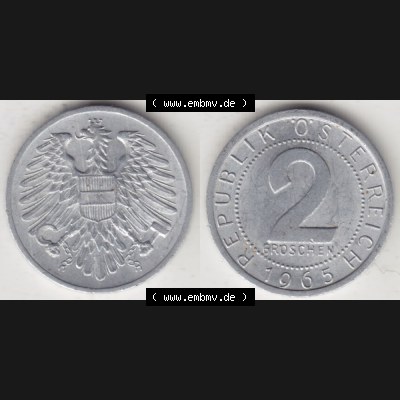 Münzen Österreich Umlaufmünze 1950-1994, 2 Groschen 1965, Münze aus Österreich mit Münzseiten Horizontal / Nebeneinander auf einen Bild für Mobile-Geräte... Sammlung
