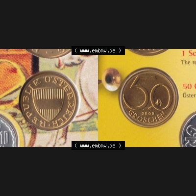 Münzen Österreich Umlaufmünze 1959-2001, 50 Groschen 2000, Münze aus Österreich mit Münzseiten Horizontal / Nebeneinander auf einen Bild für Mobile-Geräte... Sammlung