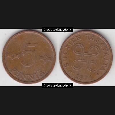 Münzen Finnland Umlaufmünze 1963-1977, 5 Penniä, 1971. Vorderseite und Rückseite horizontal auf einen digitalen Bild der alten finnischen Umlaufmünze aus Finnland... Sammlung