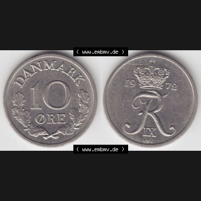 Münzen Dänemark Umlaufmünze 1972, 10 Öre. Vorderseite und Rückseite horizontal auf einen digitalen Bild der alten dänischen Umlaufmünze aus Dänemark... Sammlung