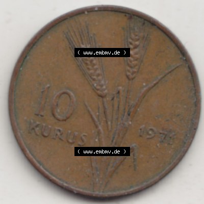 Münzen Türkei Umlaufmünze 1969-1973, 10 Kurus 1971. Rückseite der Münze der Türkei als Bildmaterial für Sammler und Münzen-Webseiten hier im online... Sammlung