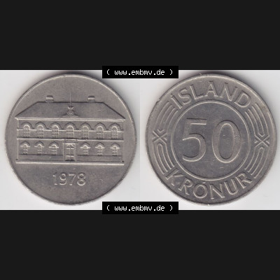 Münzen Island Umlaufmünze 1970-1980, 50 Kronur, Kronen 1978. Vorderseite und Rückseite horizontal auf einen digitalen Bild der alten Isländischen Umlaufmünze... Sammlung