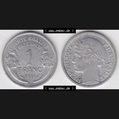 Münze Frankreich 1941-1959, 1 Francs, Franken 1958. Vorderseite und Rückseite horizontal auf einen digitalen Bild der alten französischen Umlaufmünze aus Frankreich... Sammlung