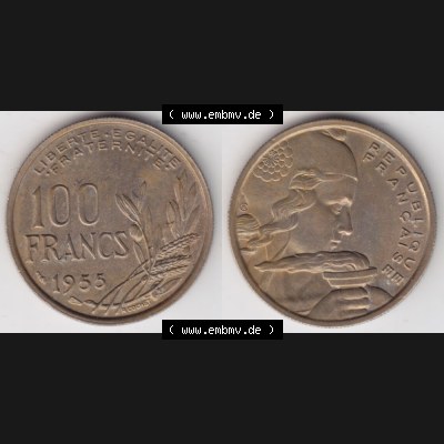Münze Frankreich 1954-1958, 100 Francs, Franken Typ II. 1955. Vorderseite und Rückseite horizontal auf einen digitalen Bild der alten französischen Umlaufmünze... Sammlung