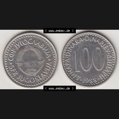 Münzen Jugoslawien Umlaufmünze 1985-1988, 100 Dinar 1988, Bild mit Vollansicht als Bildmaterial Sammlung